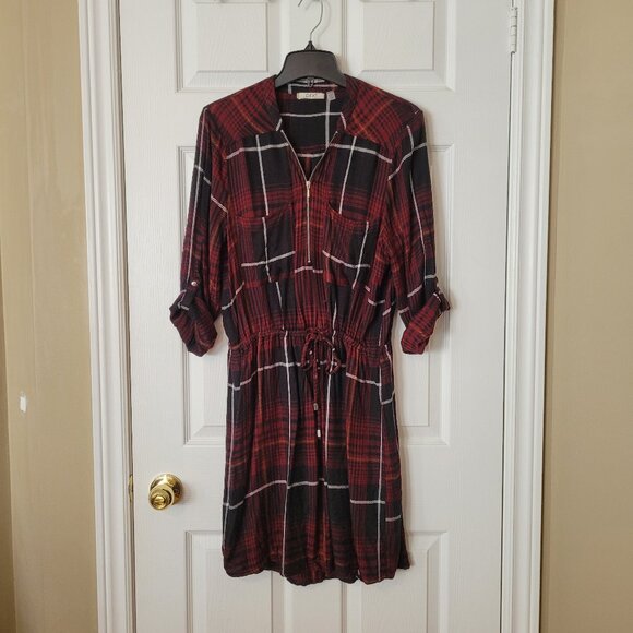 Dex Long Sleeve Cinched-Waist Zippered Dress ~ Black and Red Checkered ~ Sz L ~ - Picture 1 of 4